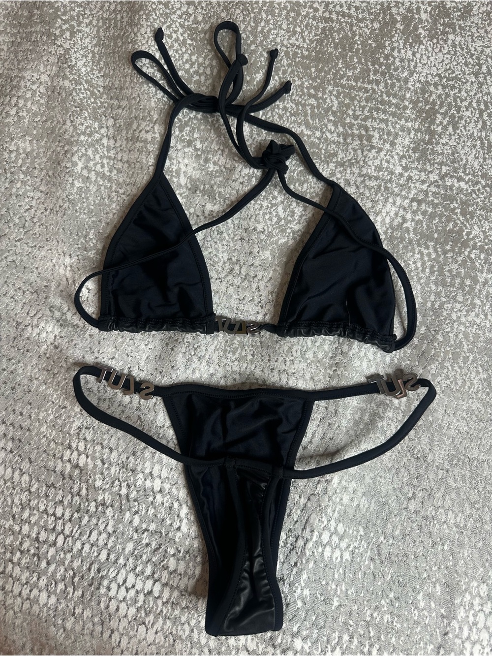 Pleather Black Women's Triangle Bikini Set with Decorative Side Accents NWOT - Picture 2 of 2